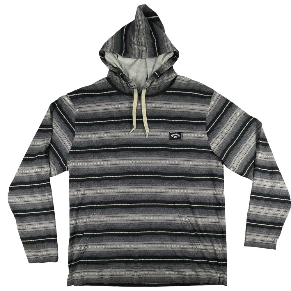 Billabong Hoodie Mens L Black Grey Striped Long Sleeve Pullover Baja Style Shirt